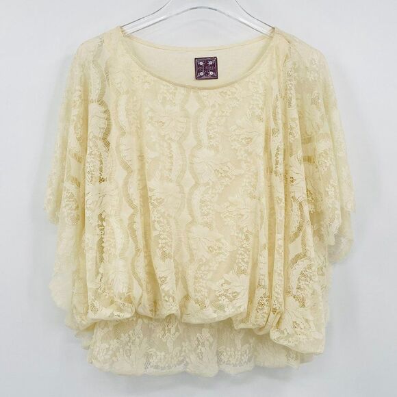 Free People Tops - Free People Size Small Cream Floral Lace Blouson Boho Batwing Blouse Top
